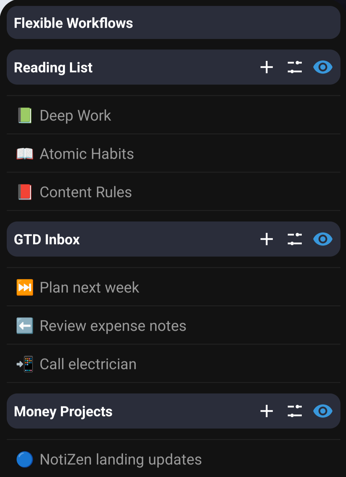 NotiZen widget preview showing a flexible Notion workflow dashboard on Android